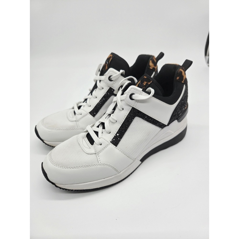 Michael‎ Kors White Cheetah Knit Trainer Black Size 9M Black Leather Wedge Shoes